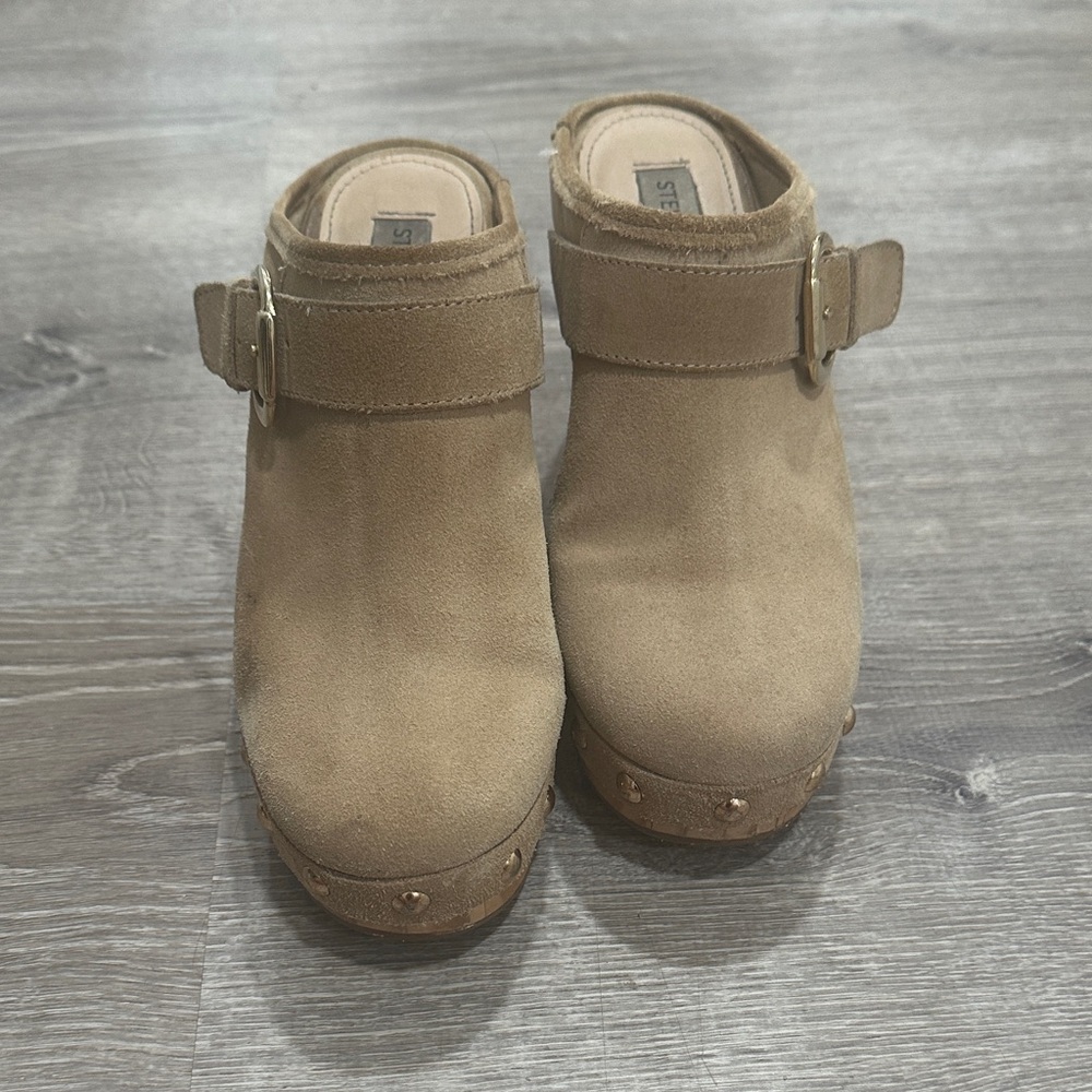 Steve Madden Brown Suede Clogs with Gold Buckle